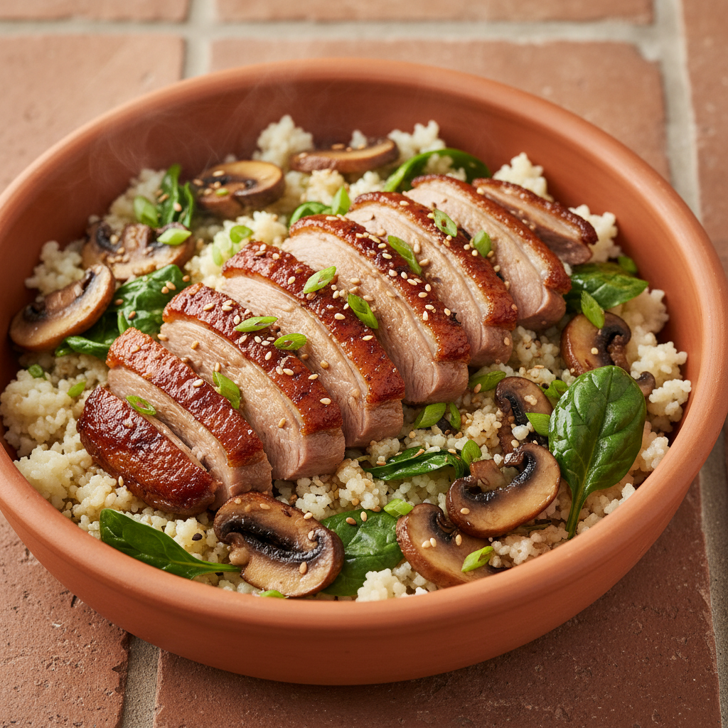 Bowl de canard laque sur riz de chou-fleur