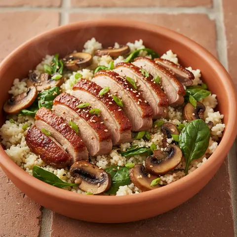 Glazed Duck Strips over Cauliflower Rice Bowl