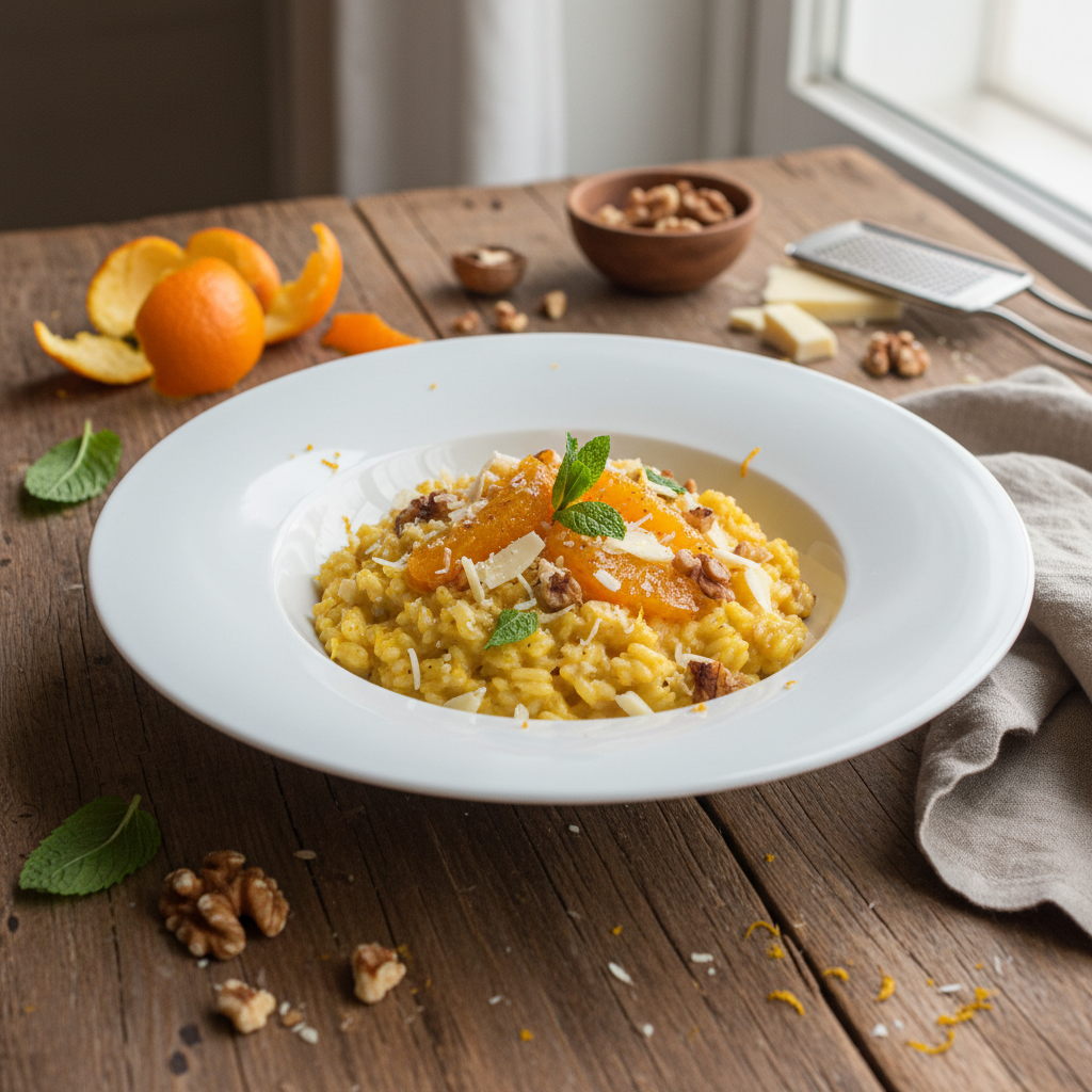 Risotto aux Oranges, Noix et Chocolat Blanc