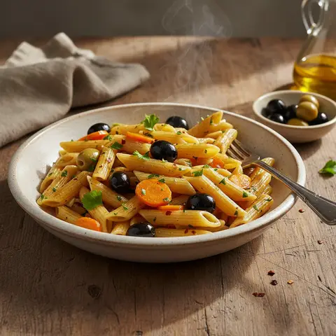 Penne mit Oliven und Karotten