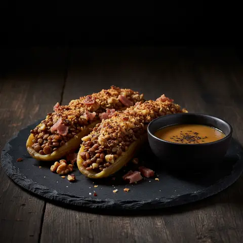 Gefüllte Bananen mit Linsen und Nüssen, Miso-Sauce
