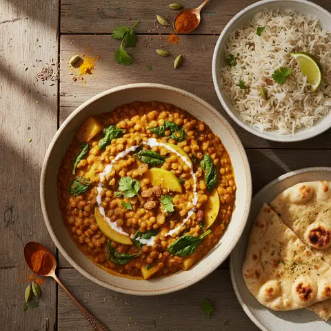 Linsen-Curry mit Äpfeln und Spinat