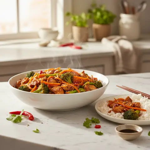 Wok mit Gemüse und Hähnchen