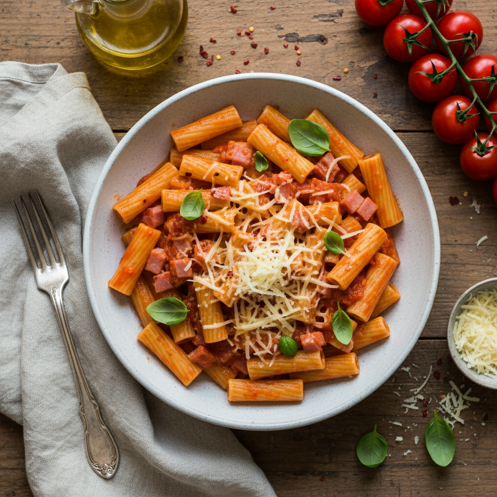 Pâtes au jambon, tomate et fromage