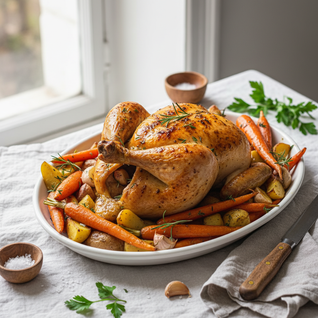 Poulet rôti aux carottes et pommes de terre