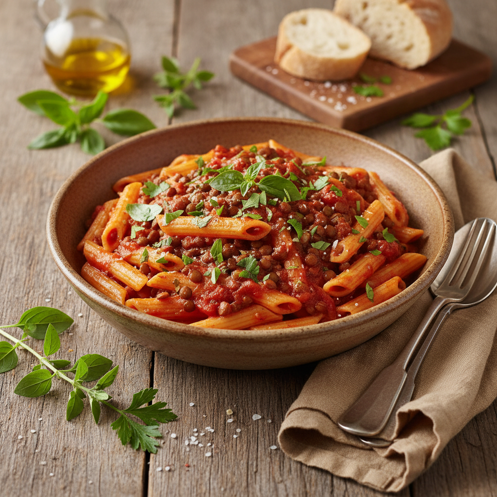 Pâtes à la Tomate et Lentilles avec Herbes Fraîches