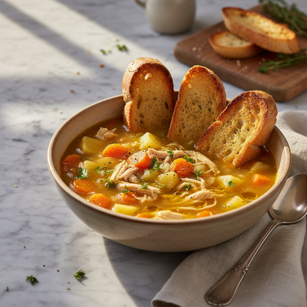 Soupe de légumes au poulet et pain grillé