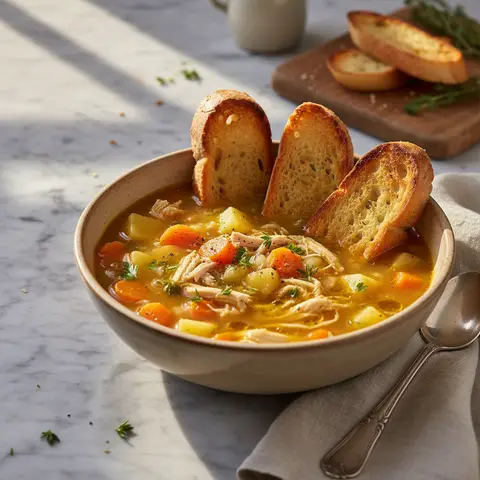Chicken and Vegetable Soup with Croutons