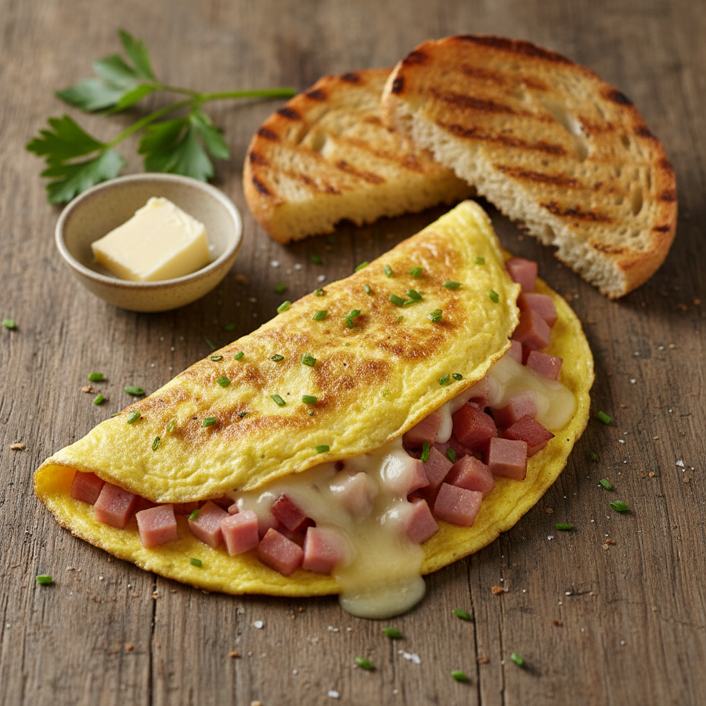 Omelette jambon-fromage avec pain grillé