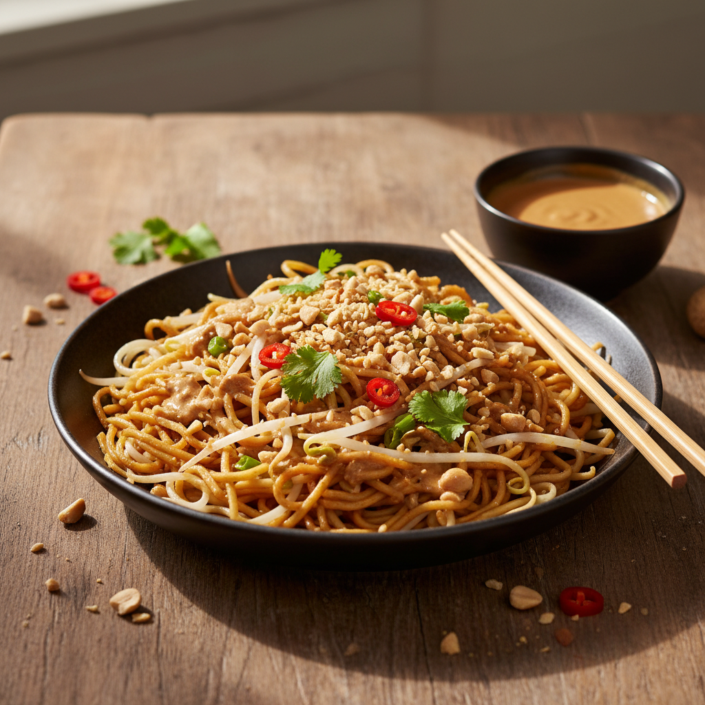 Nouilles Sautées Asiatiques aux Cacahuètes et Germes de Soja
