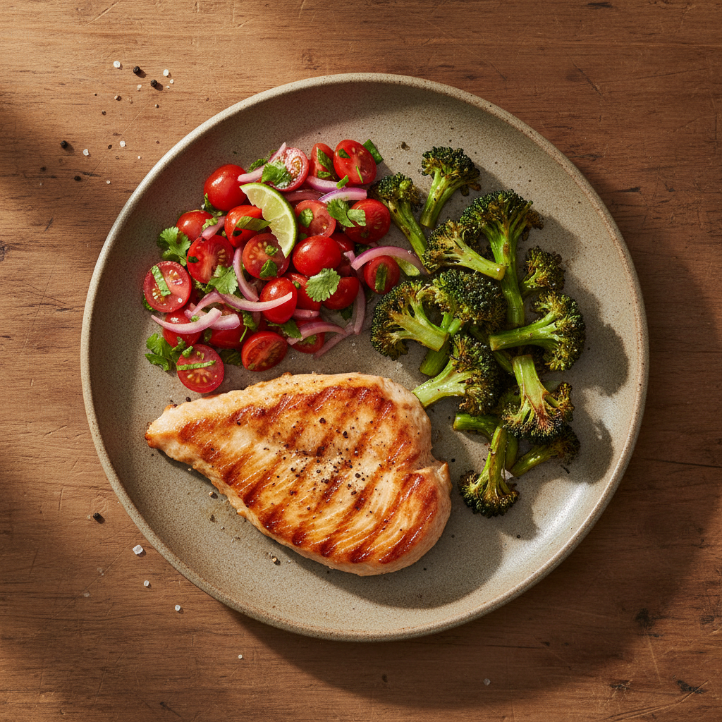 Escalope de dinde grillée, salsa de tomates et brocoli rôti