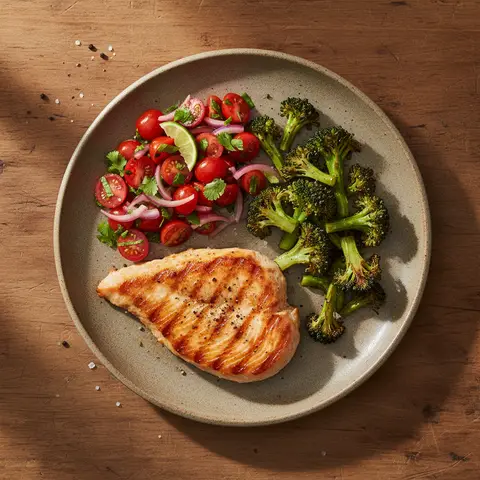 Grilled Turkey Escalope with Tomato Salsa and Roasted Broccoli