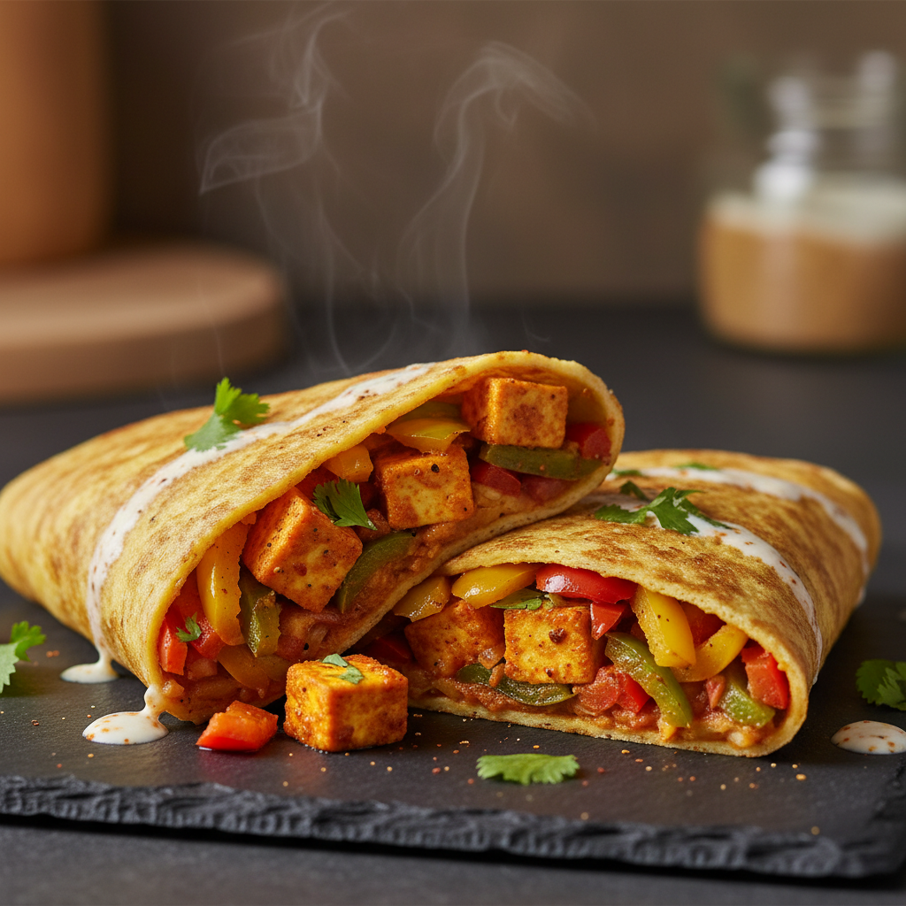 Omelette wrap au paneer tikka et poivrons