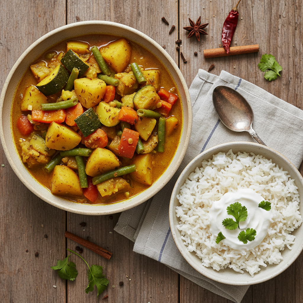 Curry de légumes avec riz et yaourt