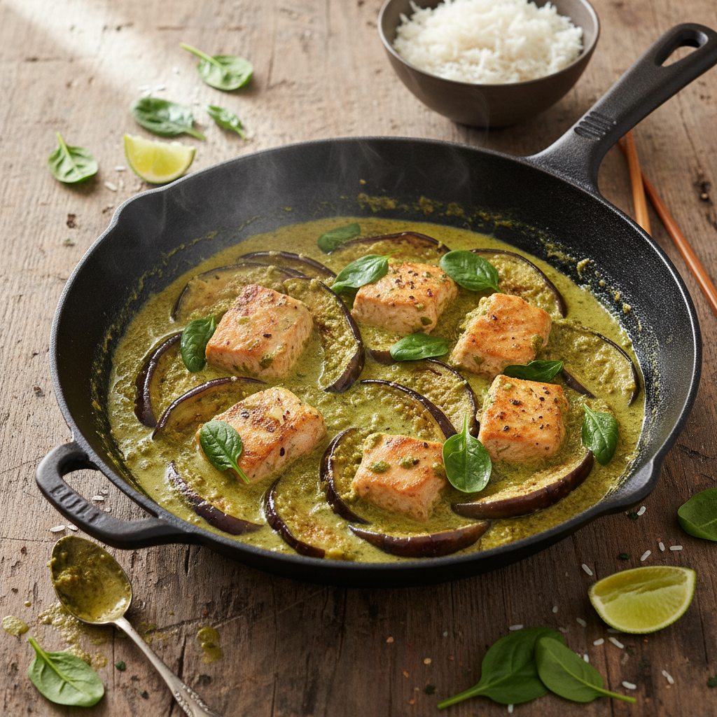 Wok de truite au curry vert et aubergines