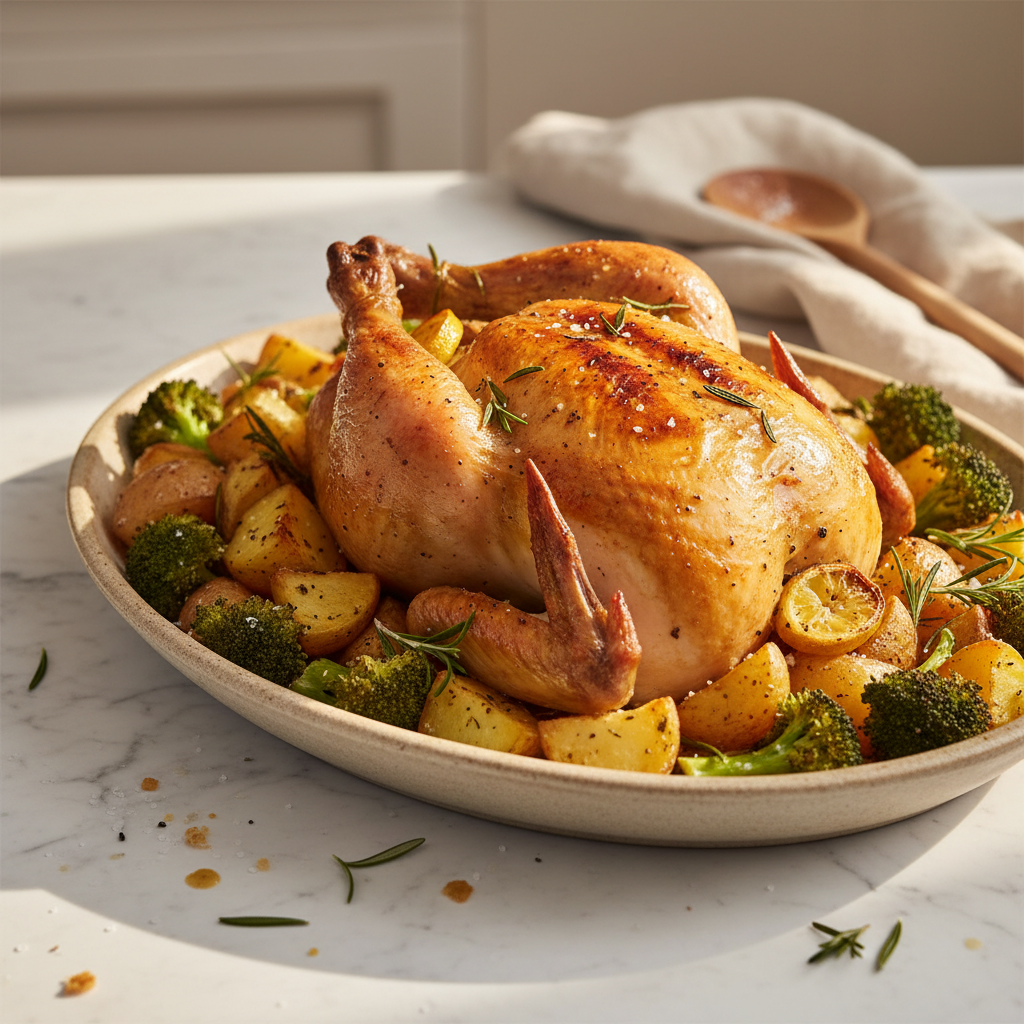 Poulet rôti aux pommes de terre et brocoli