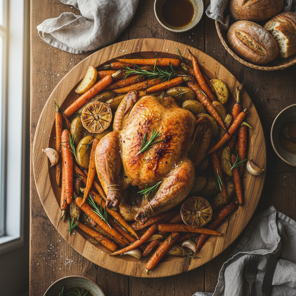 Poulet rôti aux carottes et pommes de terre