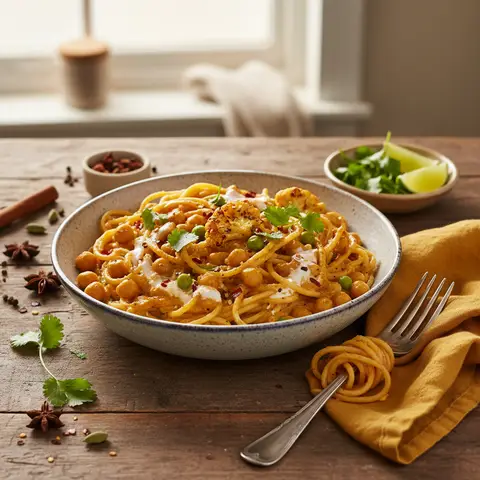 Curry mit Kichererbsen und Spaghetti