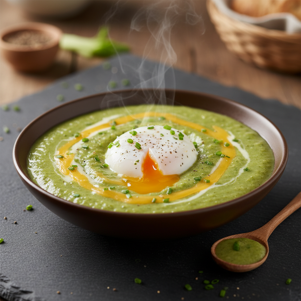 Soupe de brocoli au fromage et œuf poché