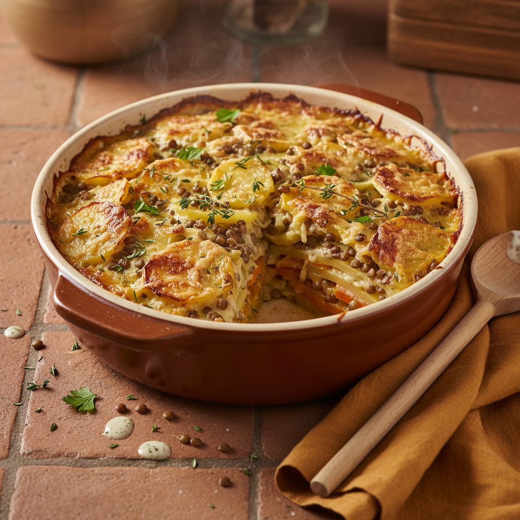 Gratin de Pommes de Terre, Carottes et Lentilles