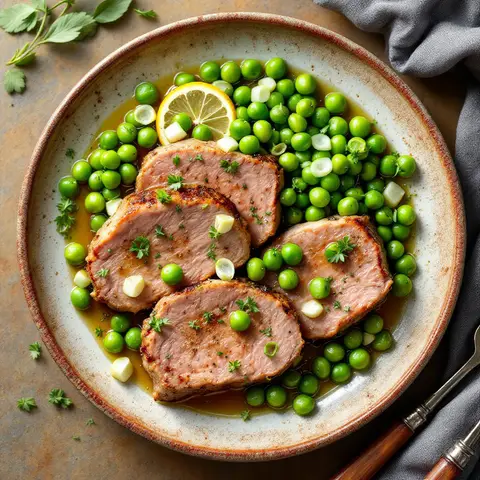 Filet mignon de porc sauté aux petits pois et fèves, à la grecque