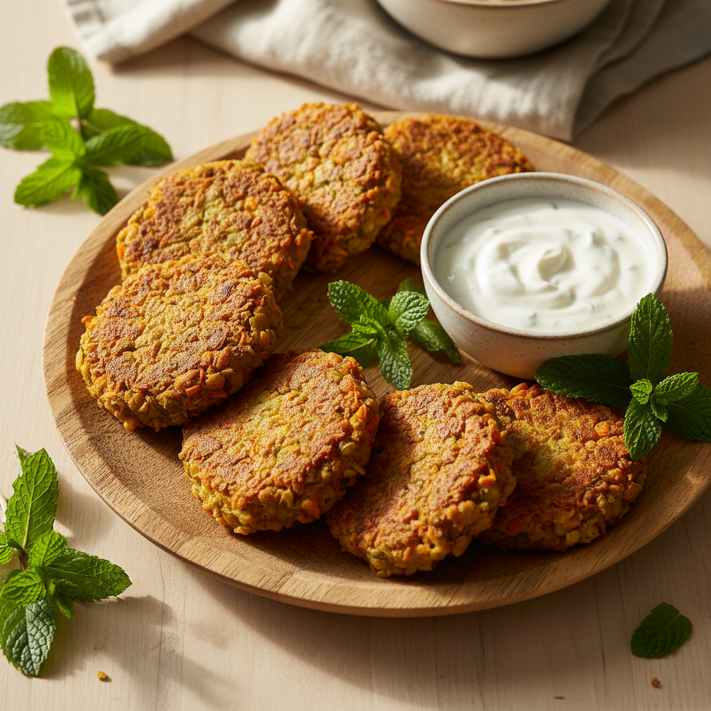 Galettes lentilles corail & carotte cumin yaourt menthe