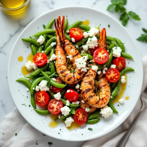 Gambas à la grecque, tomates cerises et fèves