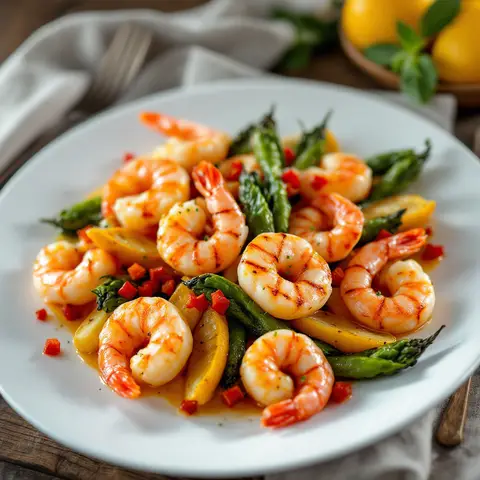 Gambas al Ajillo con Espárragos y Pimientos