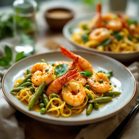 Gambas au curry vert, haricots verts et chou-fleur rôti