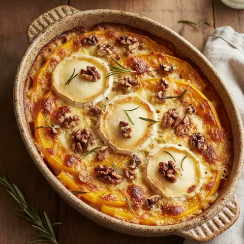 Gratin courge & chèvre noix romarin