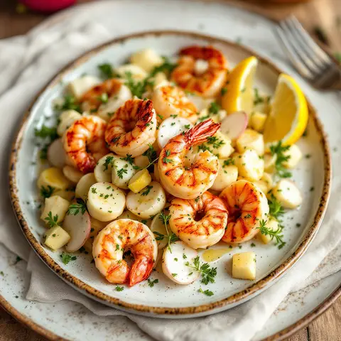 Langoustines grillées, salade d'artichauts et radis