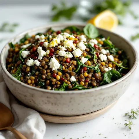 Lentilles Vertes Sautées aux Épinards et Feta (Grecque)