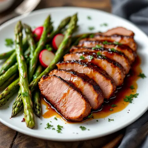 Magret de canard laqué aux épices et asperges rôties