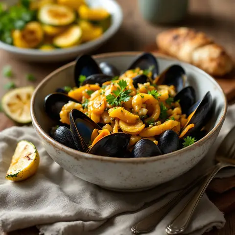 Moules marinières au fenouil et courgettes grillées