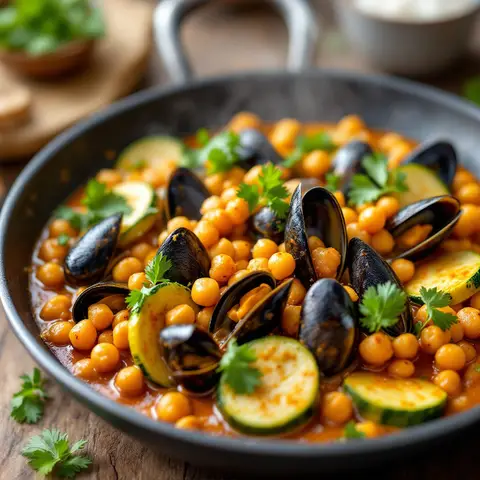 Moules sautées à la marocaine, courgettes et pois chiches
