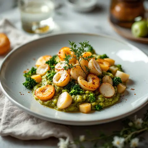 Noix de Saint-Jacques poêlées, purée de brocoli et radis rôtis