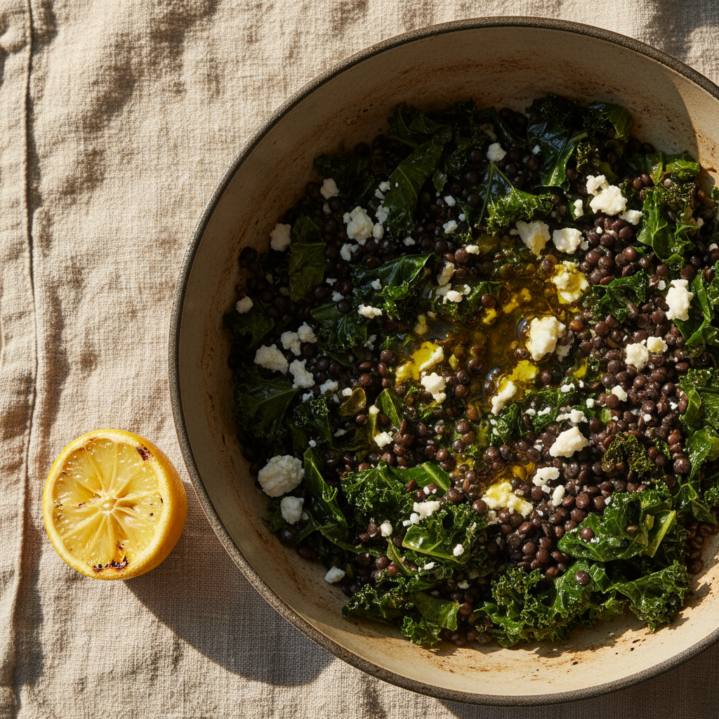 One-pot lentilles béluga & kale cumin citron feta
