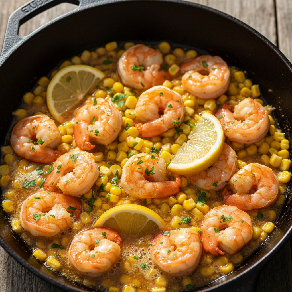 Poêlée crevettes & maïs au beurre citron persil