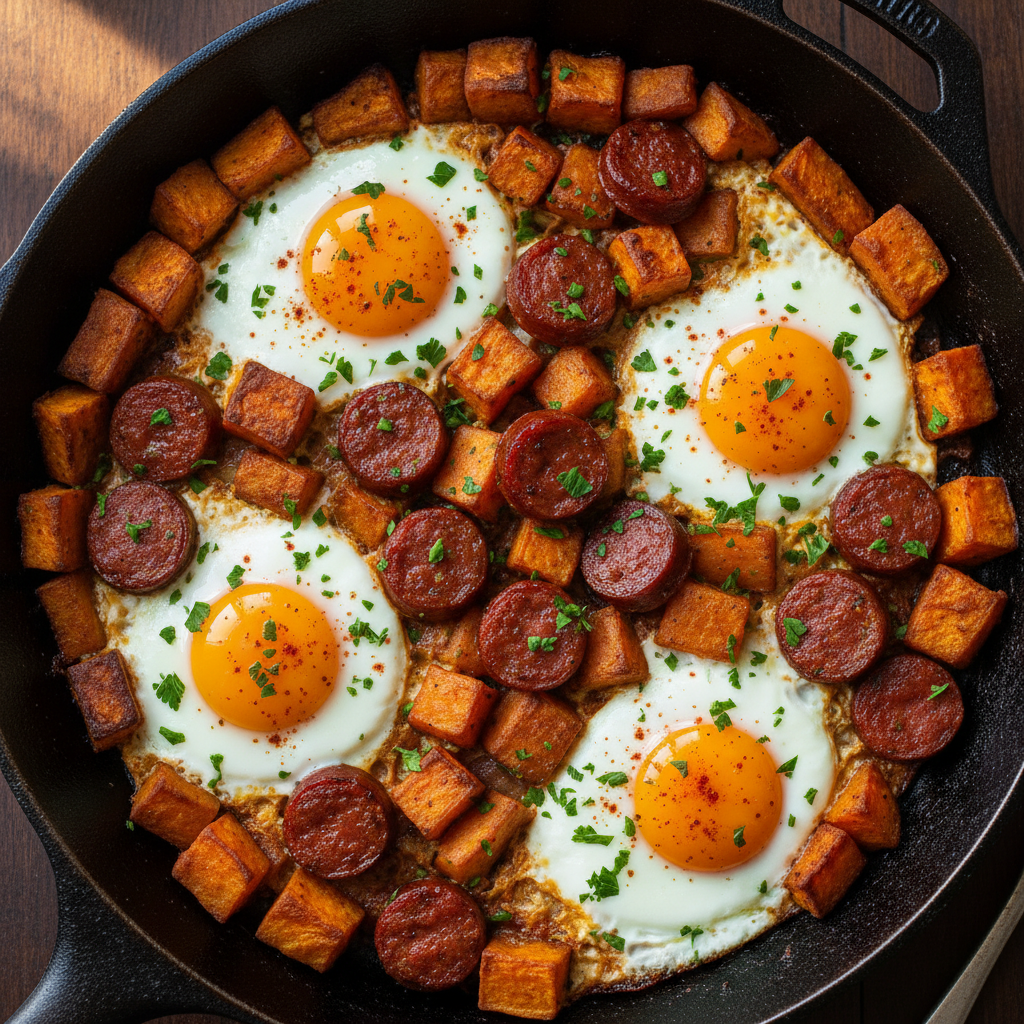 Poêlée patate douce & chorizo à l'œuf paprika