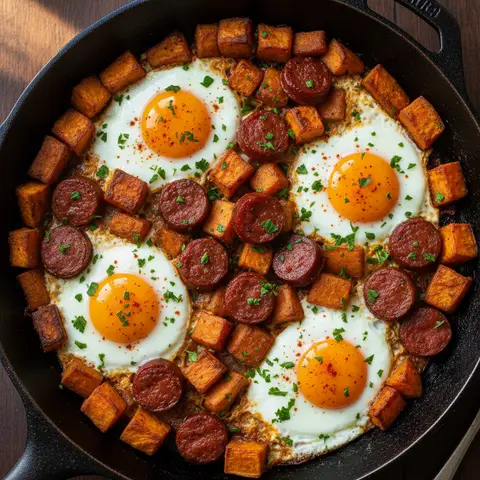 Poêlée patate douce & chorizo à l'œuf paprika
