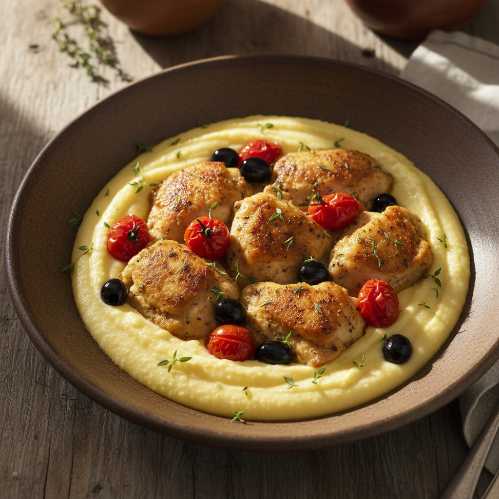 Poulet & tomates olives au thym sur polenta crémeuse