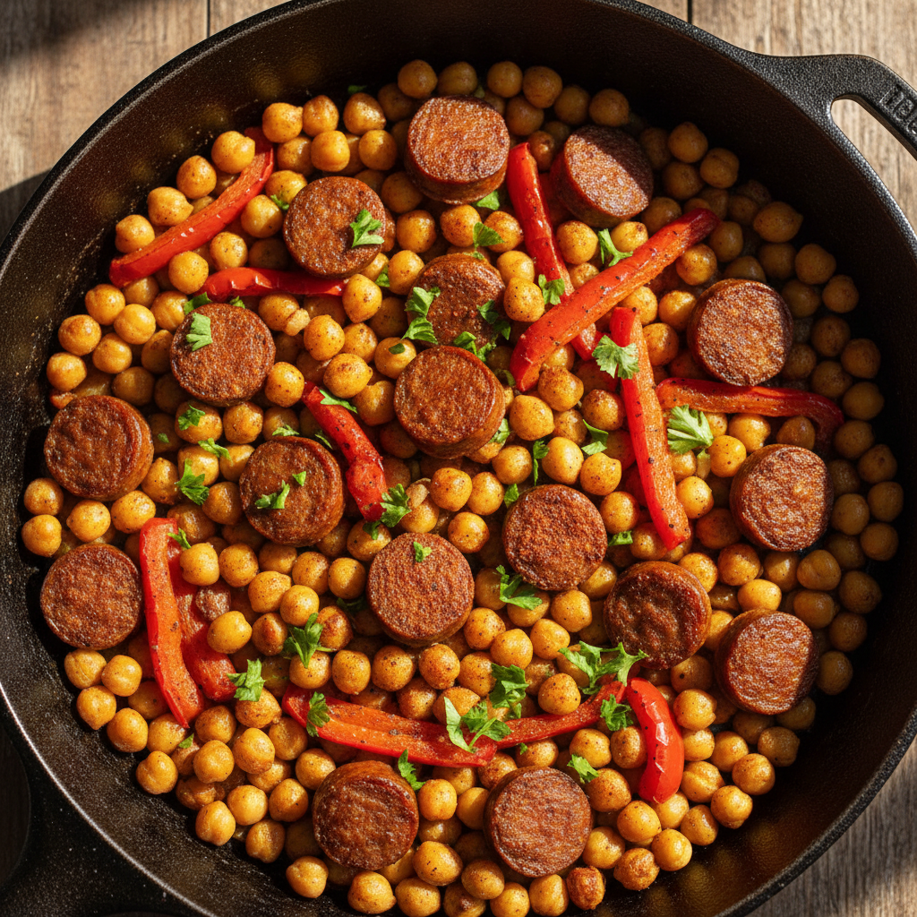 Poêlée pois chiches & chorizo poivron paprika fumé