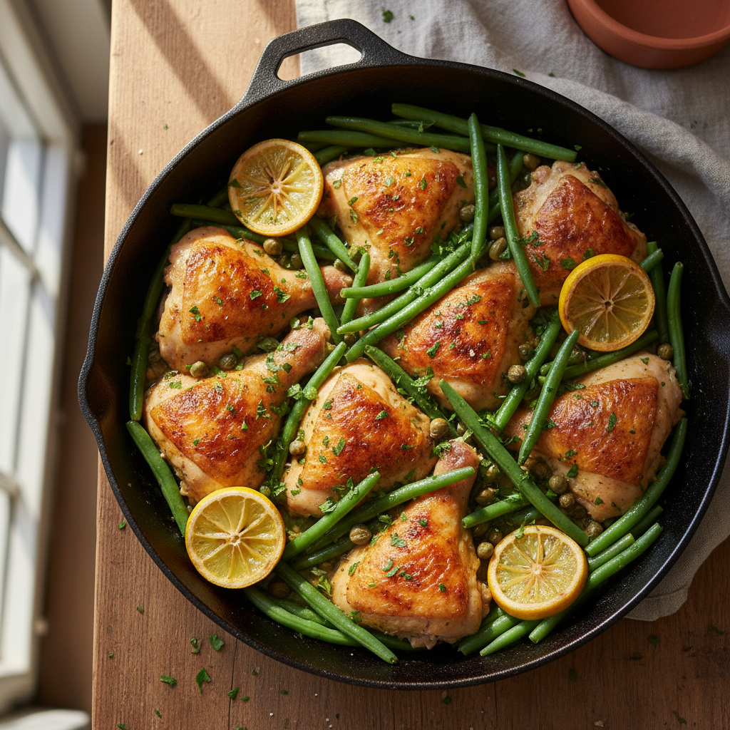 Poêlée poulet & citron câpres fèves