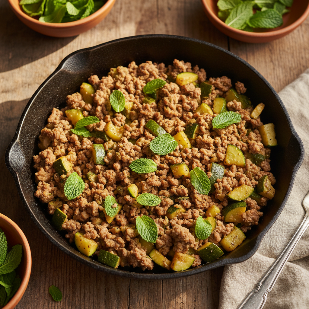 Poêlée agneau haché & courgette épices menthe