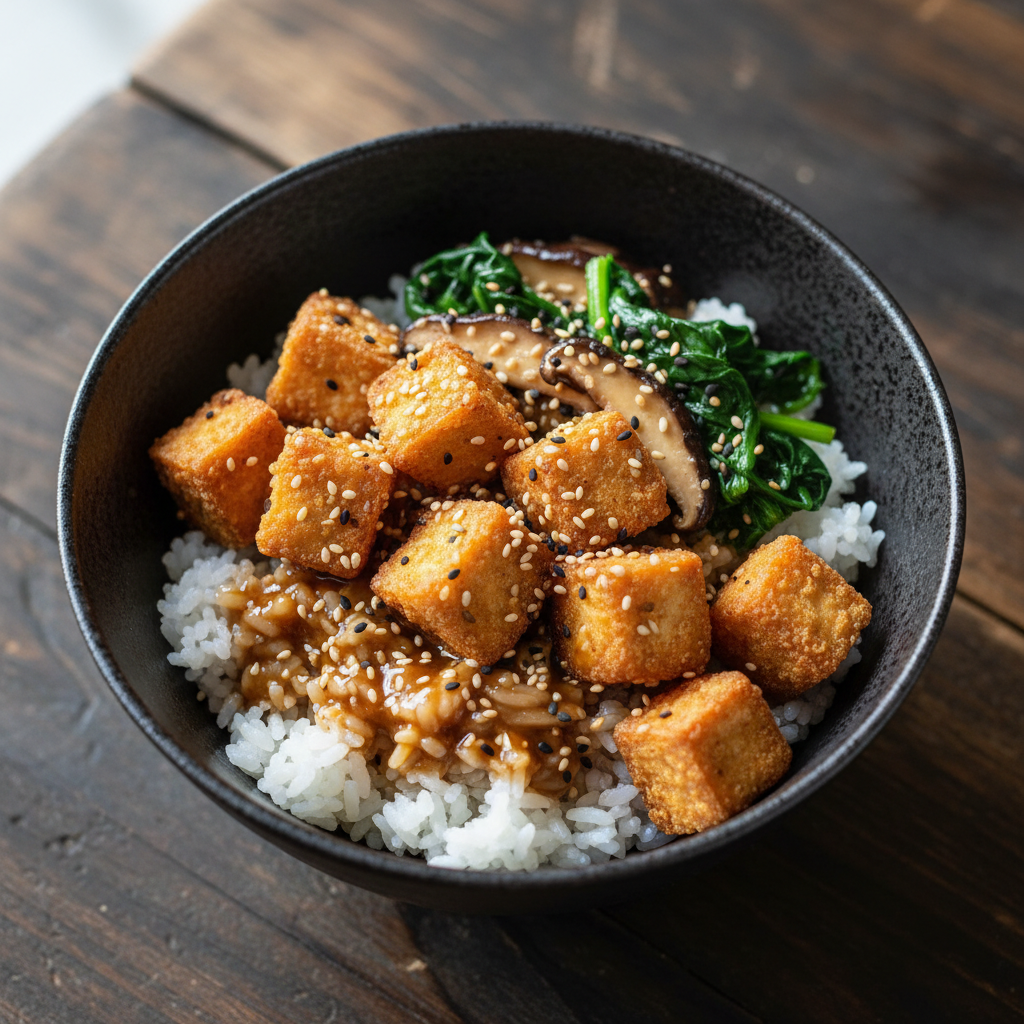 Poêlée tofu & champignons miso épinards sur riz