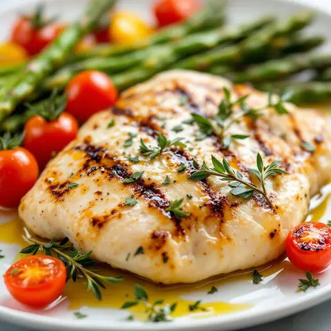 Poulet au citron et thym, asperges grillées