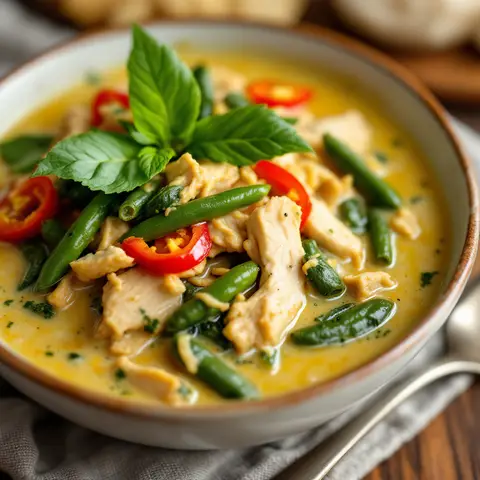 Poulet au curry vert thaï, haricots verts et poivrons