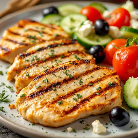 Poulet grec à l'origan, tomates et concombre à la feta