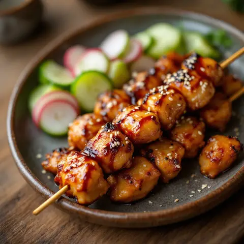 Poulet yakitori, salade de concombre et radis au sésame