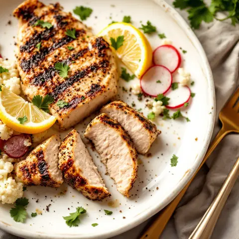 Poulet zaatar, salade de chou-fleur cru et radis